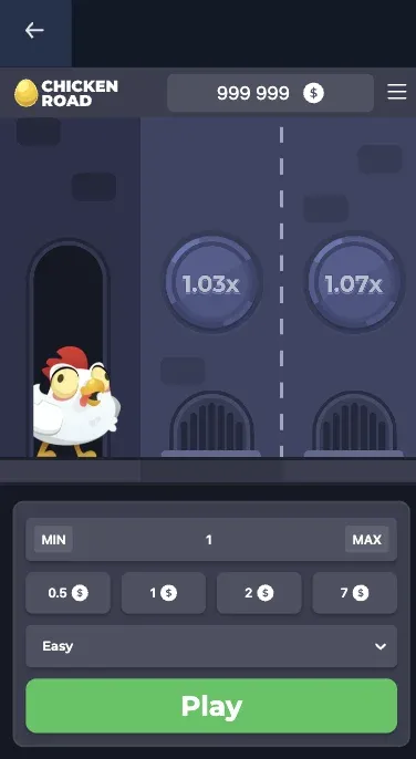 Chicken Road sullo schermo verticale di un telefono: la gallina alla partenza, i primi due dischi e il tasto Play in basso