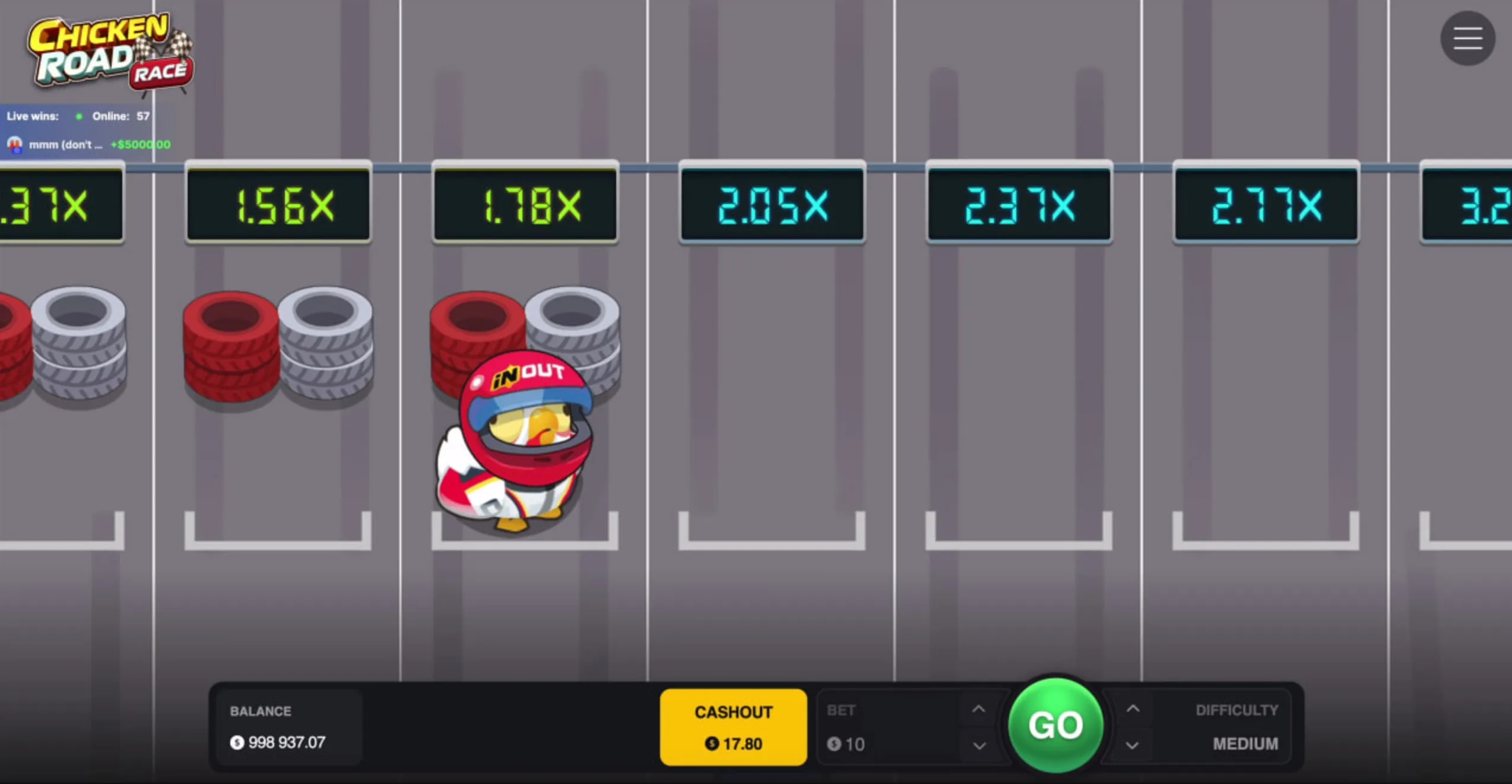 Chicken Road Race in Medium: i display 1,37x, 1,56x, 1,78x, 2,05x, 2,37x, 2,77x