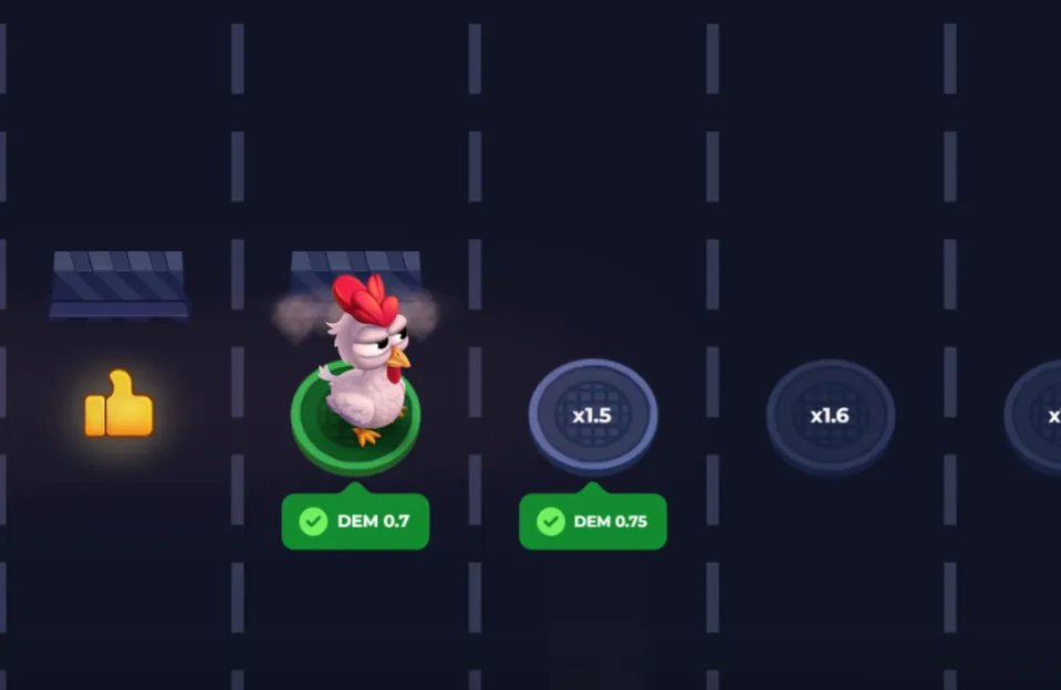 Uncrossable Rush di Evoplay: la gallina Eggwina su una corsia con i moltiplicatori davanti